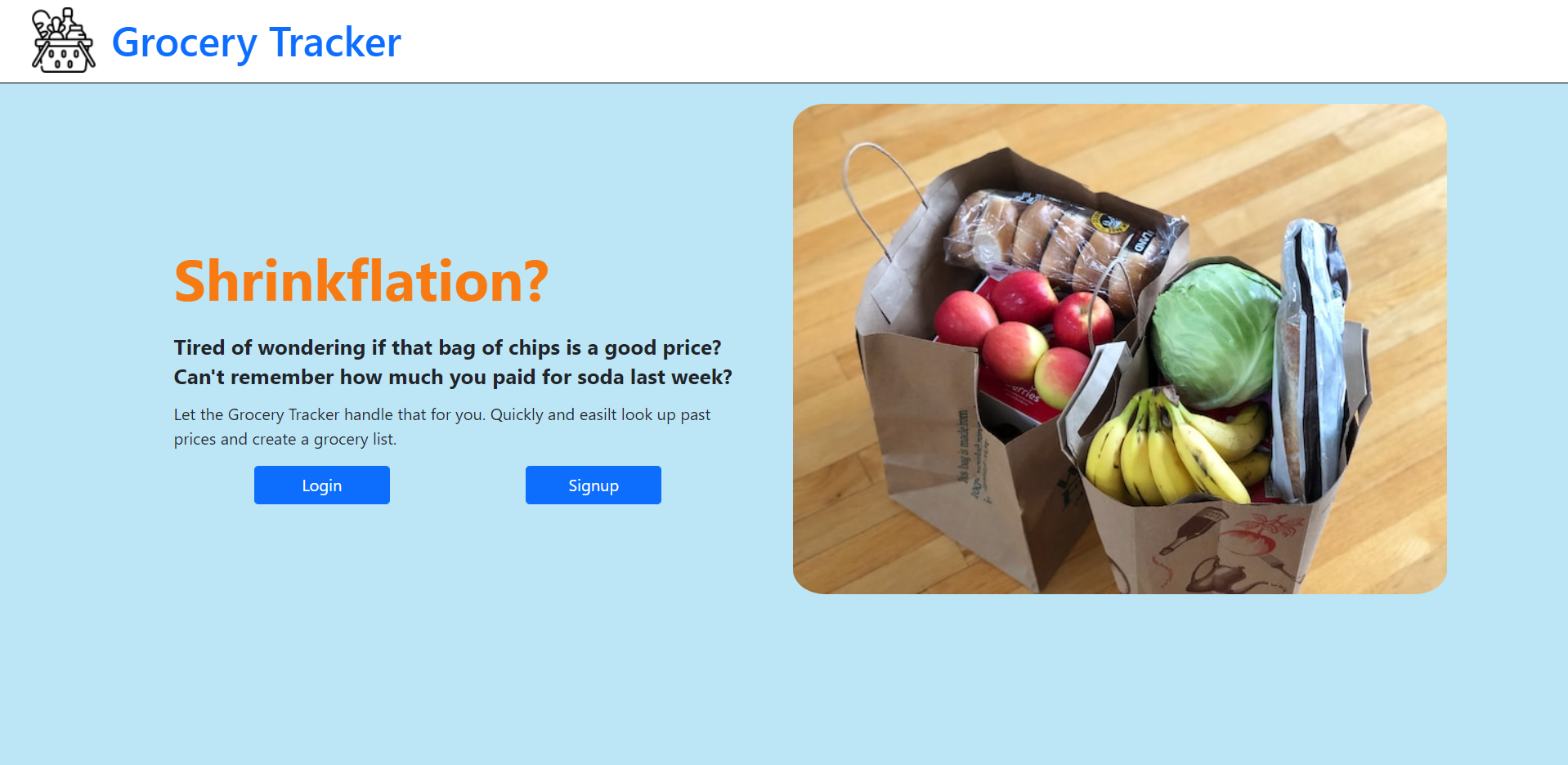 grocery tracker landing page